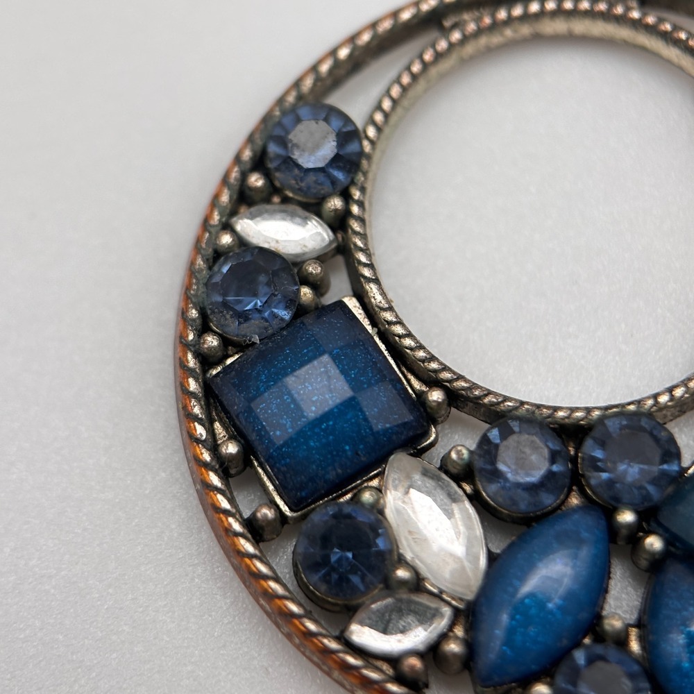 Vintage 90s Bronze Tone Open Hoop Dangle Earrings Multi Blue Rhinestone Jewelry - Picture 7 of 11